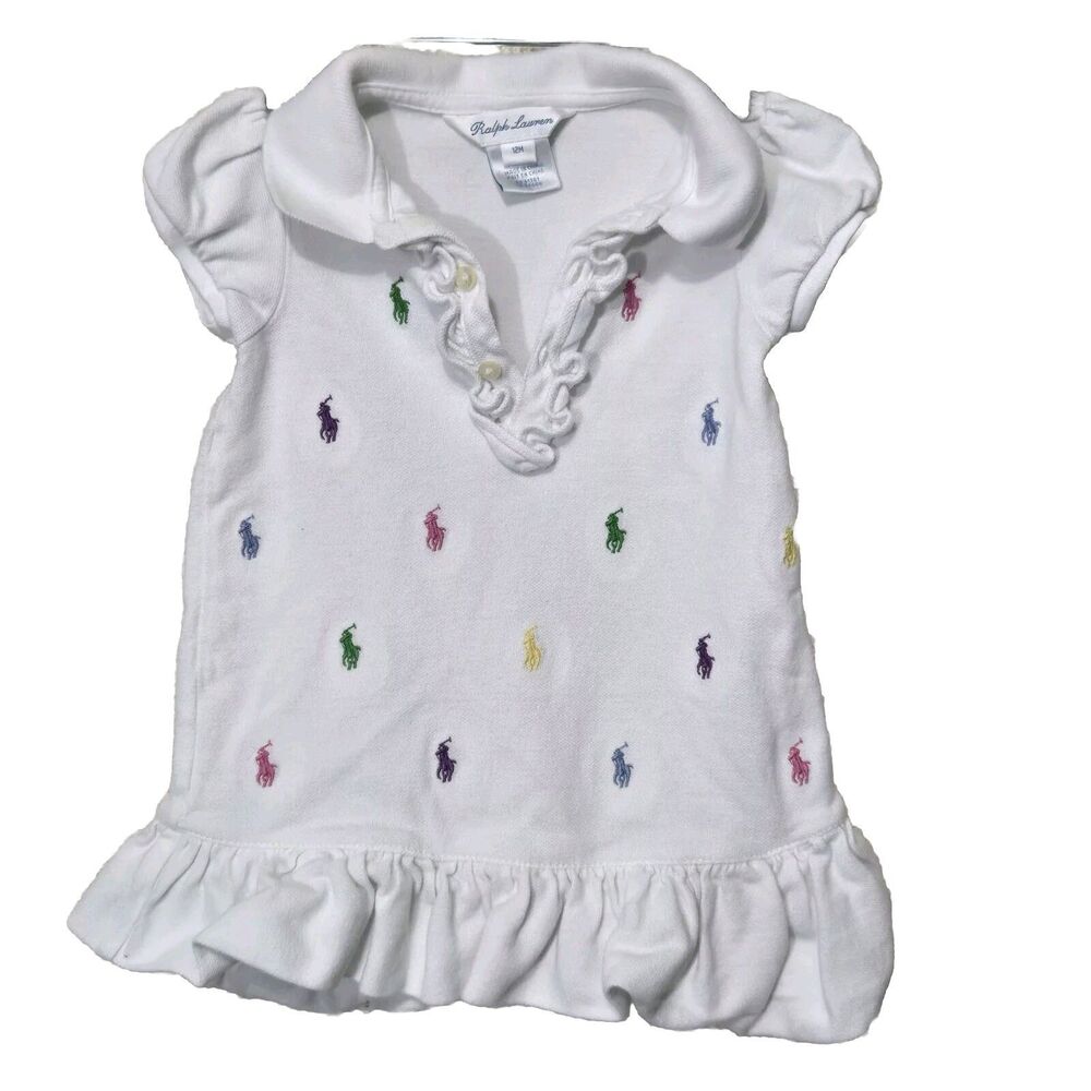 Ralph Lauren Dress Baby Girls 12M All Over Print Pony White Ruffles Collared